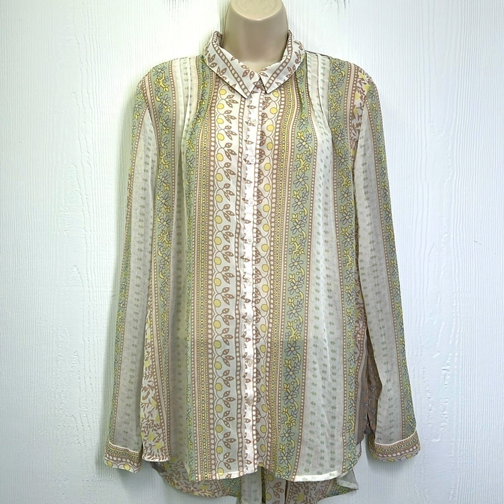 Free People - Floral Fun Design Multi Colored Button Up See Thru Blouse Large